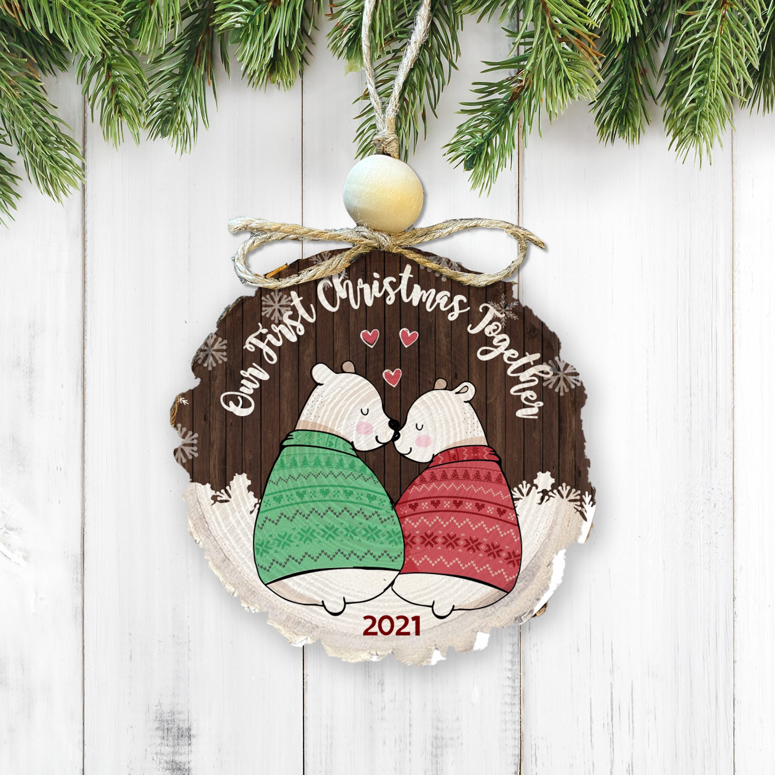 Brown Bear Wood Slice Ornament Set - Rustic Holiday Decoration!