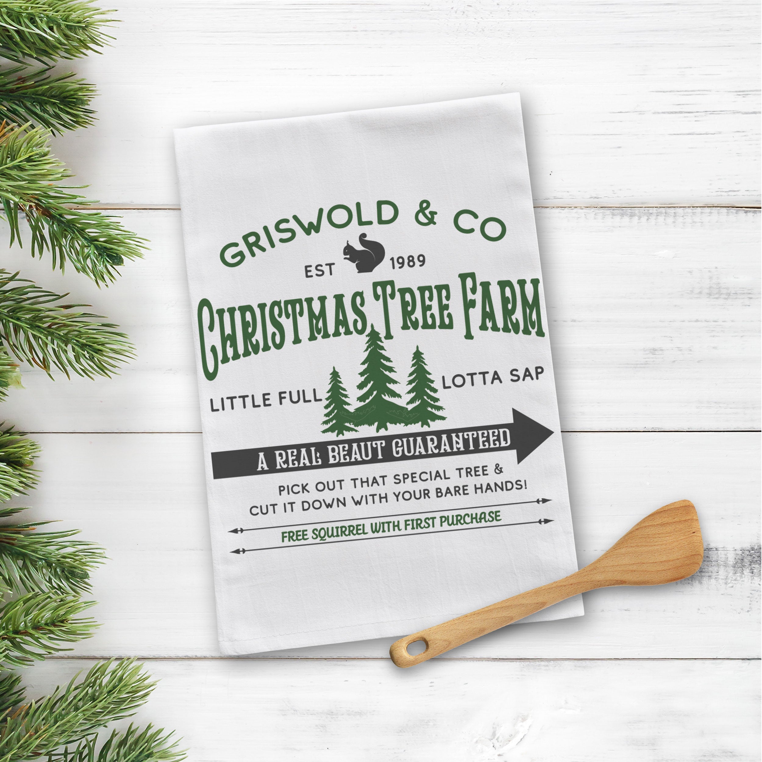 funny christmas vacation tea towel, real beaut griswold tree farm red buffalo  plaid kitchen towel