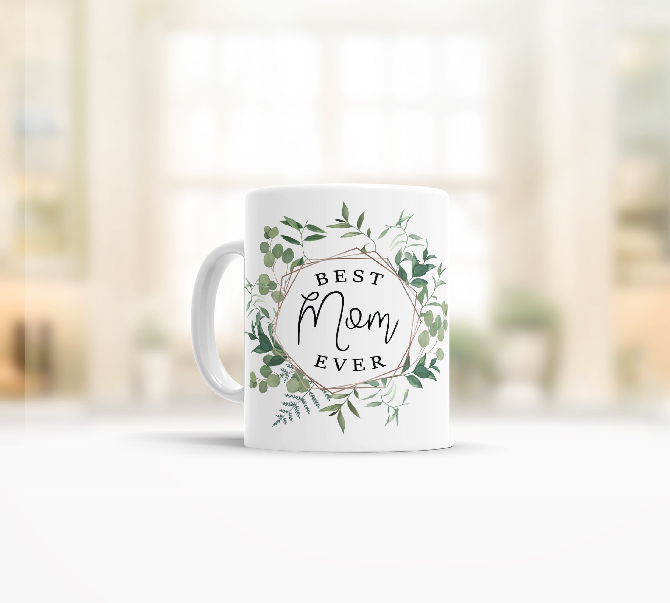 Best mom ever coffee tea mug, green leafy wreath coffee mug